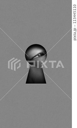 Male eye looking into keyhole on grey background symbolizing suspicion and mistrust. Contemporary art collage. Male eye looking into keyhole on grey background symbolizing suspicion and mistrust. Contemporary art collage. 113445110