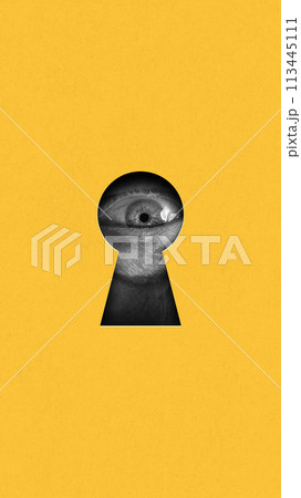 Wide open male eye looking into keyhole on yellow background. Contemporary art collage. Fending unexpected truth Wide open male eye looking into keyhole on yellow background. Contemporary art collage. Fending unexpected truth 113445111