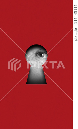Exploring the mysteries of existence. Senior woman eye looking into keyhole on red background. Contemporary art collage. Exploring the mysteries of existence. Senior woman eye looking into keyhole on red background. Contemporary art collage. 113445112