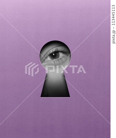 Calm female eye looking into keyhole on purple background. Contemporary art collage. Seeking clarity and understanding 113445113