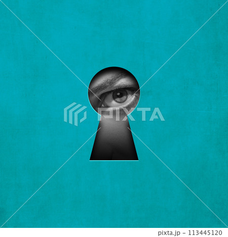 Seeking hidden knowledge and secrets. Female concentrated eye looking in keyhole on cyan background. Contemporary art collage. 113445120