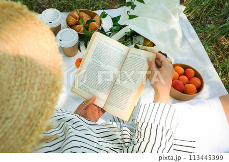 A girl in a straw hat is reading a book on a picnic A girl in a straw hat is reading a book on a picnic 113445399