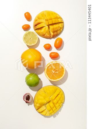 Set of tropical fruits on white background, top view 113445401