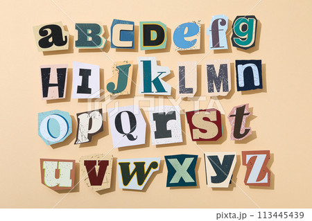 Alphabet from three-dimensional letters, top view. 113445439