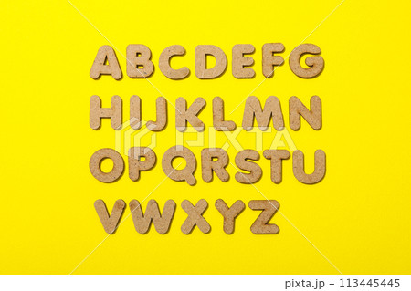 Alphabet from three-dimensional letters, top view. 113445445