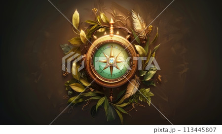 Compass with golden leaves on dark background. 3d illustration. 113445807