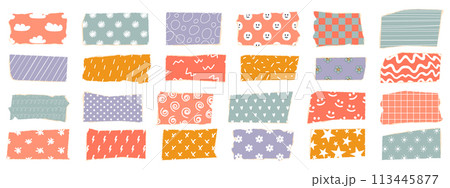 Set of ripped rectangular shapes with funny pattern. Torn paper items for collage, design templates, banner, and sticker. Vector illustration Set of ripped rectangular shapes with funny pattern. Torn paper items for collage, design templates, banner, and sticker. Vector illustration 113445877