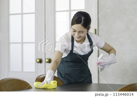 家事代行　テーブルを拭く若い女性スタッフ 113446014