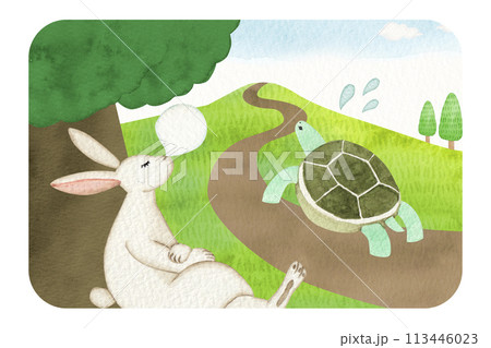 イソップ寓話 ウサギとカメ 水彩 イラストのイラスト素材 [113446023