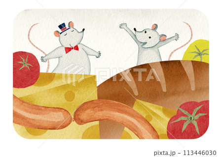 イソップ寓話　町のねずみと田舎のねずみ　水彩 イラスト 113446030