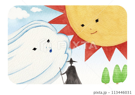 イソップ寓話 北風と太陽 水彩 イラスト イソップ寓話 北風と太陽 水彩 イラスト 113446031