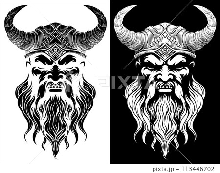 Viking Warrior Man Strong Mascot Face in Helmet Viking Warrior Man Strong Mascot Face in Helmet 113446702