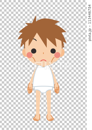 ガリガリの痩せた体型の可愛い小さな男の子のイラスト　全身　ベクター　白背景 113446784