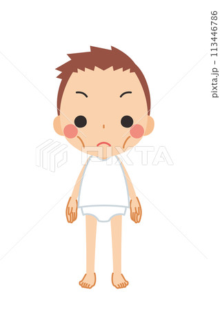 ガリガリの痩せた体型の可愛い小さな男の子のイラスト　全身　ベクター　白背景 113446786