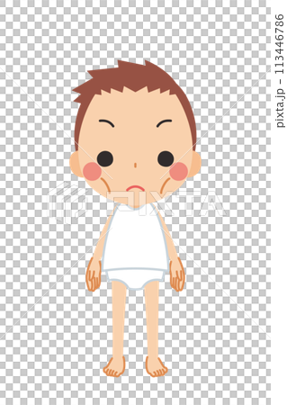 ガリガリの痩せた体型の可愛い小さな男の子のイラスト　全身　ベクター　白背景 113446786