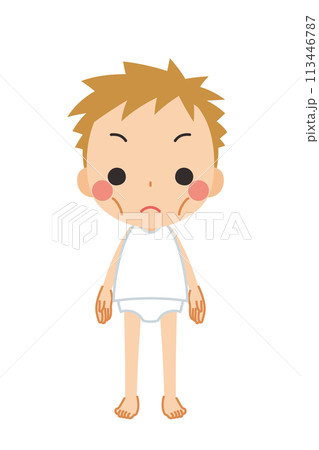 ガリガリの痩せた体型の可愛い小さな男の子のイラスト　全身　ベクター　白背景 113446787