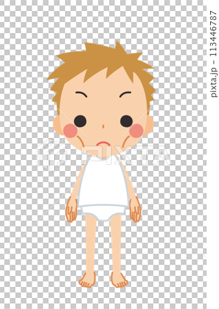 ガリガリの痩せた体型の可愛い小さな男の子のイラスト　全身　ベクター　白背景 113446787