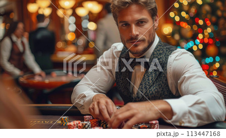 A person is playingin casino, with their hands holding chips on the table in front of them. The background is blurred 113447168