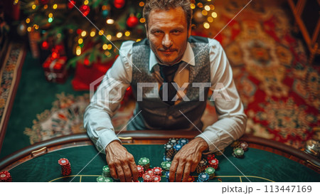 A person is playingin casino, with their hands holding chips on the table in front of them. The background is blurred 113447169