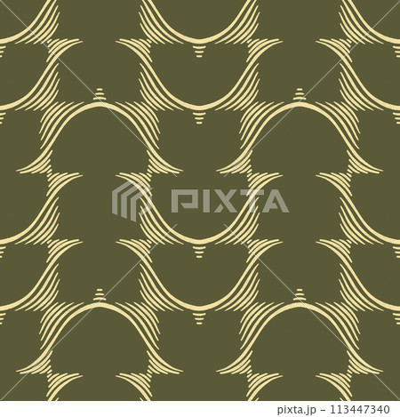 Abstract vintage seamless pattern. Simple minimal textured wavy lines on dark green background. Minimalistic classic wallpaper. Luxurious dark academia style motif in deep rich colors 113447340