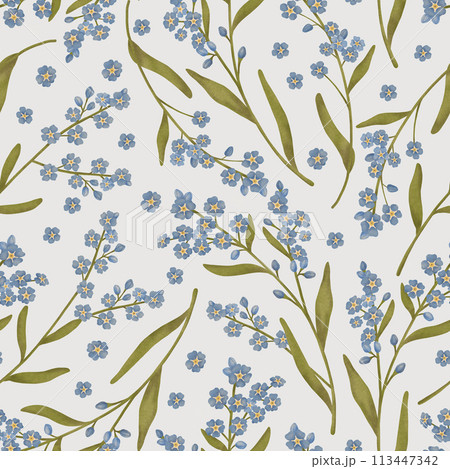 Forget-me-not floral seamless pattern. Delicate tiny blue watercolor flowers repeated background in soft neutral colors. Pretty elegant botanical illustration for bedding, nursery textile, fabrics Forget-me-not floral seamless pattern. Delicate tiny blue watercolor flowers repeated background in soft neutral colors. Pretty elegant botanical illustration for bedding, nursery textile, fabrics 113447342