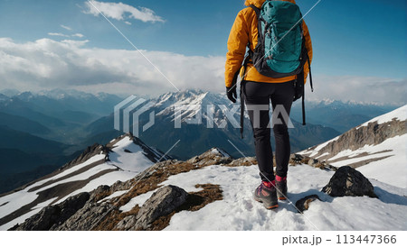 A young happy European woman with a tourist backpack stands on top of a rock in the mountains, travels and enjoys a beautiful view of the mountains, sky or nature. Untouched nature. Tourism and travel A young happy European woman with a tourist backpack stands on top of a rock in the mountains, travels and enjoys a beautiful view of the mountains, sky or nature. Untouched nature. Tourism and travel 113447366