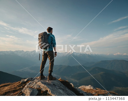 A young happy European man a tourist backpack stands on top of a rock in the mountains, travels and enjoys a beautiful view of the mountains, sky or nature. Untouched nature. Tourism and travel 113447368
