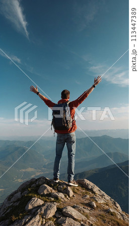 A young happy European man a tourist backpack stands on top of a rock in the mountains, travels and enjoys a beautiful view of the mountains, sky or nature. Untouched nature. Tourism and travel A young happy European man a tourist backpack stands on top of a rock in the mountains, travels and enjoys a beautiful view of the mountains, sky or nature. Untouched nature. Tourism and travel 113447389