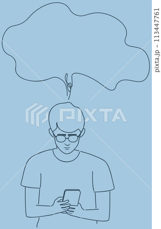 Boy read from smartphone screen line art 113447761