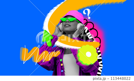 Hipster trends. Young woman wearing trendy sunglasses, headphones and casual clothes. Comfort. Contemporary art collage. 113448022