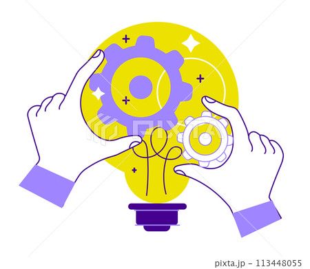 Hand lightbulb idea cogwheel. Implement business idea, development process, optimization 113448055