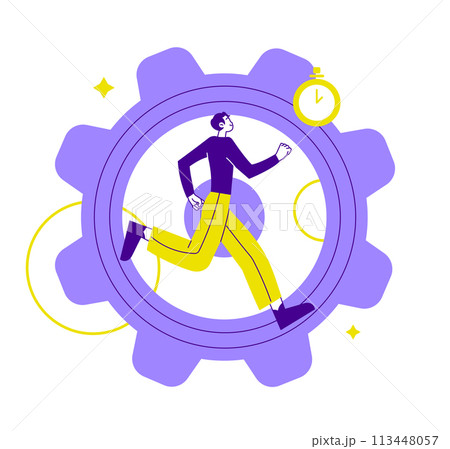 Businessman running inside gear cog to spin gear Businessman running inside gear cog to spin gear 113448057