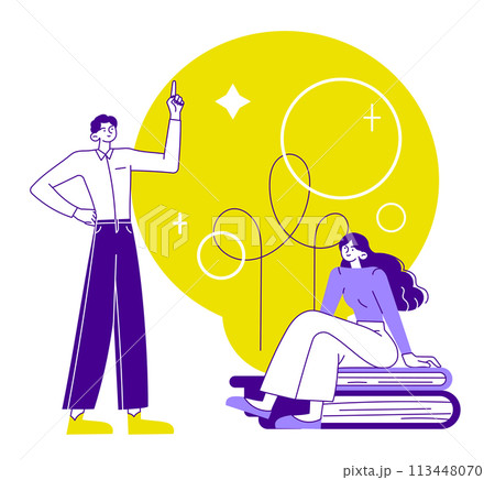 Cartoon drawing of a man standing next to a woman sitting on a pile of books 113448070