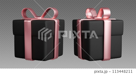 Gift boxes with ribbons, realistic 3d black boxes with rose gold bows. Surprise gift 113448211