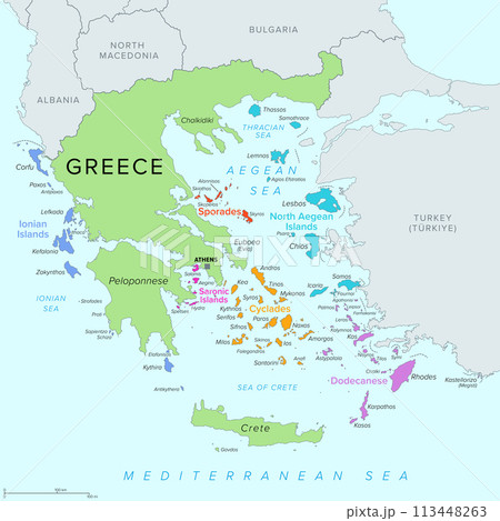 Islands of Greece, political map. Greek islands groups and clusters. The Cyclades, Dodecanese, Sporades, North Aegean and Saronic Islands lying in the Aegean Sea, the Ionian Islands in the Ionian Sea. Islands of Greece, political map. Greek islands groups and clusters. The Cyclades, Dodecanese, Sporades, North Aegean and Saronic Islands lying in the Aegean Sea, the Ionian Islands in the Ionian Sea. 113448263