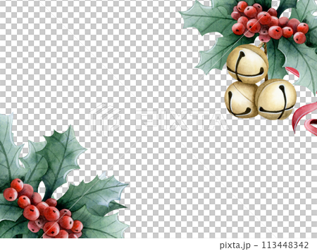 Red green Christmas card template with holly ilex plant and gold jingle belles. Watercolor illustration banner isolated on white. Hand drawn winter holiday season symbols for New year designs 113448342