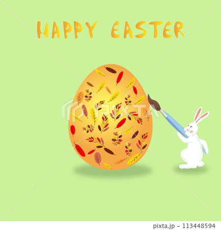 Easter bunny draws patterns on a golden egg . Vector illustration a bunny character with a brush paints twigs and leaves of native flowers on an Easter egg. Easter bunny draws patterns on a golden egg . Vector illustration a bunny character with a brush paints twigs and leaves of native flowers on an Easter egg. 113448594