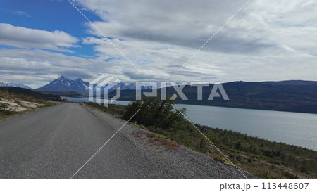 Scenic Drive Toward Torres del Paine Mountains and Glaciers Scenic Drive Toward Torres del Paine Mountains and Glaciers 113448607