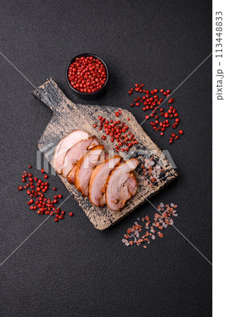 Delicious kebab of chicken or pork meat with salt, spices and herbs Delicious kebab of chicken or pork meat with salt, spices and herbs 113448833