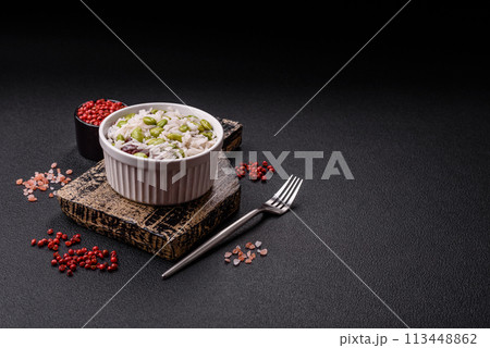 Delicious white cooked rice with green edamame beans with salt and spices Delicious white cooked rice with green edamame beans with salt and spices 113448862