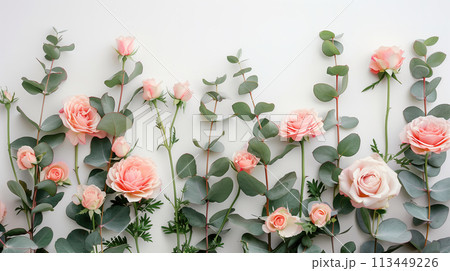 Group of Pink Roses and Green Leaves on White Wall Group of Pink Roses and Green Leaves on White Wall 113449226