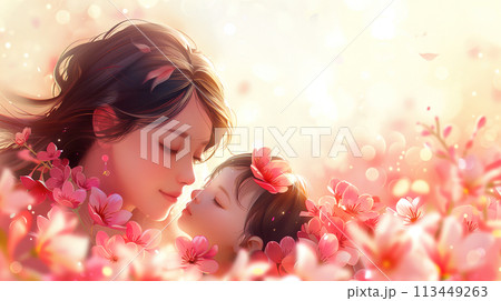 Woman and Child Frolicking in Field of Flowers Woman and Child Frolicking in Field of Flowers 113449263