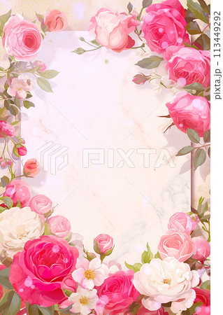 Vintage frame border with pink flowers and a gold frame 113449292