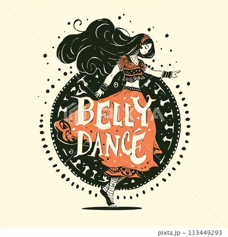 Logo A girl is dancing in a belly dance costume. The word Belly Dance is written in a colorful font Logo A girl is dancing in a belly dance costume. The word Belly Dance is written in a colorful font 113449293