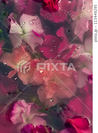 The flowers are a mix of pink and white, and the water is cloudy. Concept of calm and serenity The flowers are a mix of pink and white, and the water is cloudy. Concept of calm and serenity 113449295