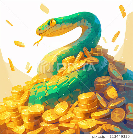 2025 cartoon snake is sitting on a pile of gold coins. The snake is wearing a crown and has a smile on its face. Concept of wealth and prosperity, as the snake is surrounded by gold coins 113449330