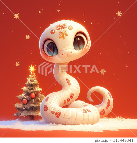 2025 New Year A white snake is sitting in front of a Christmas tree. The tree is decorated with many ornaments, including a star. The scene is festive and cheerful 113449341