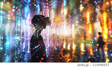 A person is standing in front of a colorful wall with a virtual reality headset on. The scene is set in a futuristic environment with bright lights and a sense of wonder 113449357