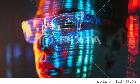 A woman wearing glasses is looking at a computer screen with a colorful background. Concept of technology and modernity, as well as a focus on the digital world 113449358