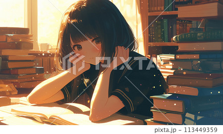 A girl is sitting at a desk with a book in front of her. She is looking at the book and she is deep in thought. Concept of concentration and contemplation 113449359